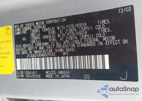 2004 Lexus Rx 330 z USA, uszkodzony, nr VIN JTJGA31U040029533